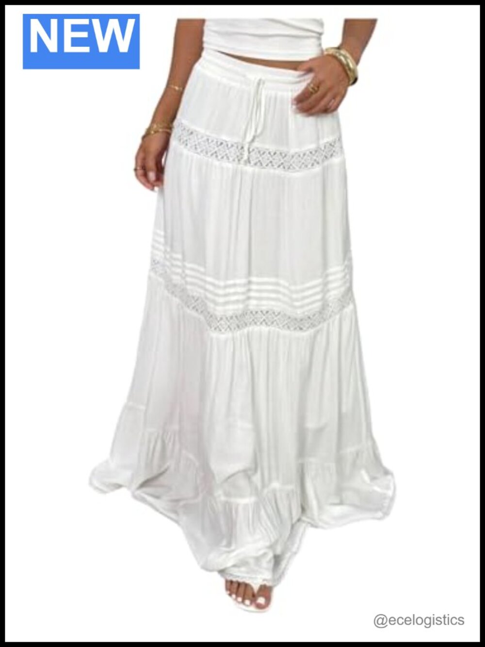 Lace Patchwork Tiered Ruffle Maxi Skirt Drawstring Waist Pull On